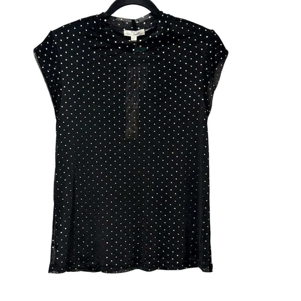 Nine Britton Womens Black Silver Foil Polka Dot Mesh Mock Neck Cap Sleeve Top S